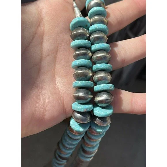 Navajo Sterling Silver Turquoise Handmade Beaded Necklace & Earrings Set - Picture 3 of 8